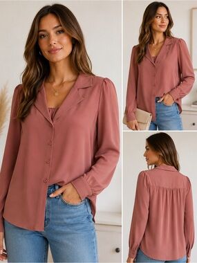 Grace‎ Karin Dusty Rose Collared Button Front Long Sleeve Blouse Size Small